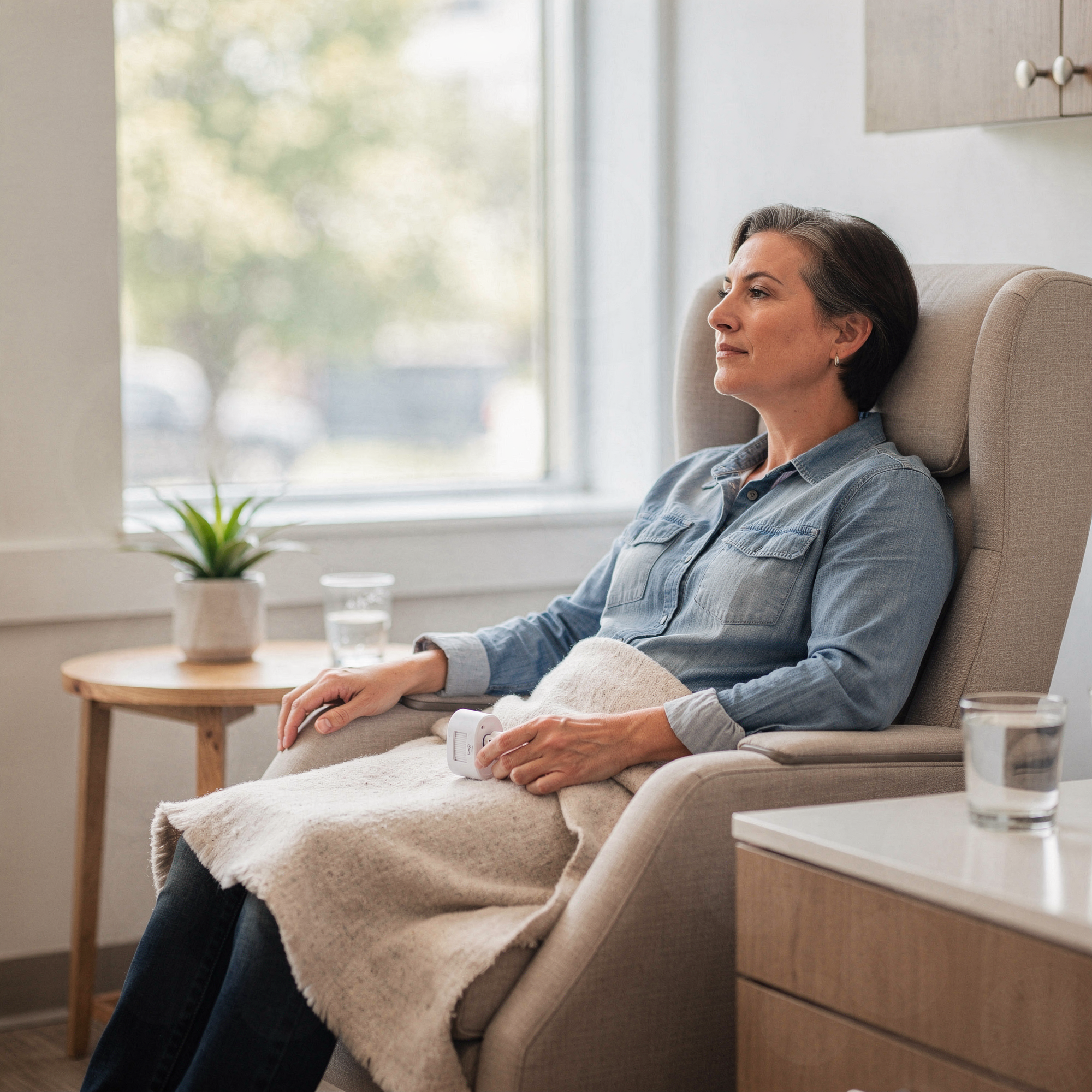 Patient resting in a comfortable chair during Spravato treatment at a clinical setting